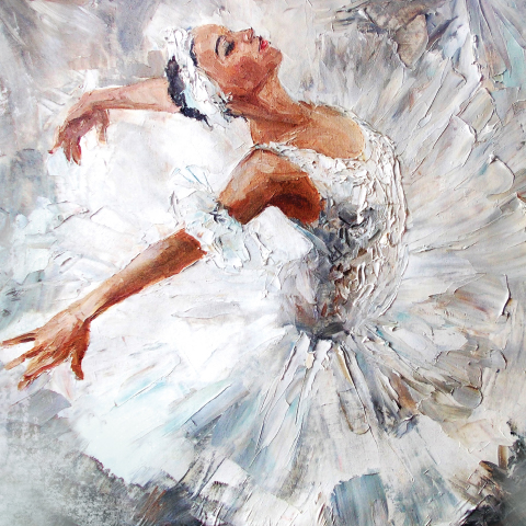 Alt text:  Painting of a ballet dancer in a white tutu, captured mid-pose with sweeping brushstrokes and soft, textured tones.