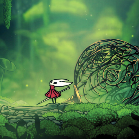 Alt text:  Small red-cloaked character exploring a lush green forest beside a large ornate spherical structure.