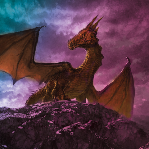 A fantasy scene in teal and purple with a dragon, wings outstretched.