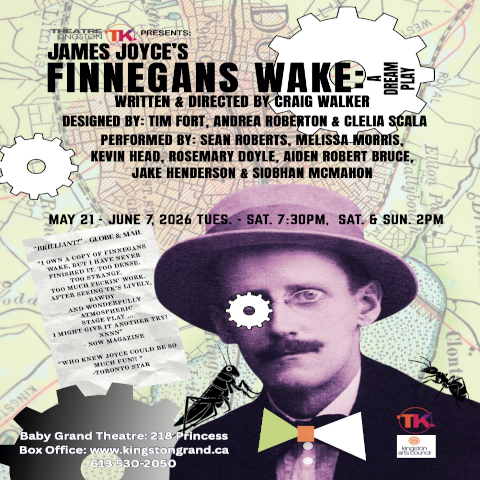 Poster for Theatre Kingston’s production of Finnegans Wake: A Dream Play, featuring an illustrated figure in period clothing on the left and show details on a green background to the right.