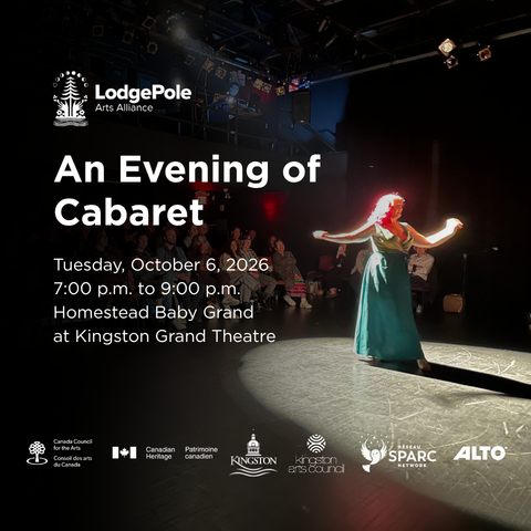 Promotional poster for “An Evening of Cabaret” at Kingston Grand Theatre, featuring a performer in a spotlight surrounded by audience seating, with event details for October 6, 2026.