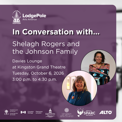 Promotional graphic for “In Conversation with Shelagh Rogers and the Johnson Family” at Kingston Grand Theatre, featuring two speaker portraits and event details for October 6.
