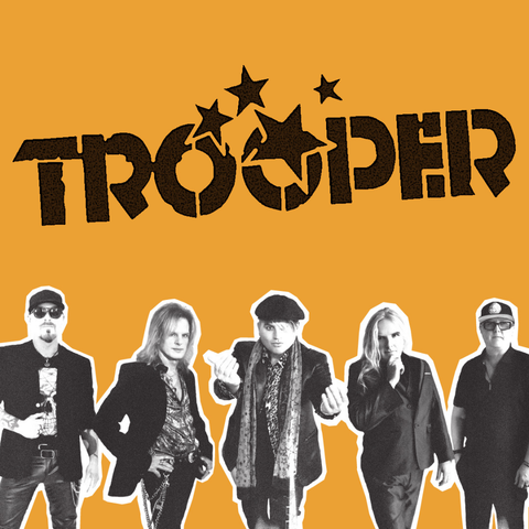 the 5 members of Trooper in greyscale on a yellow background with Trooper written