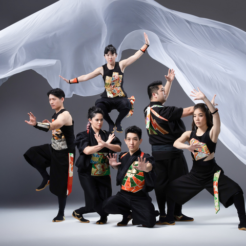 Group of performers all in black posing for the camera, one being lifted