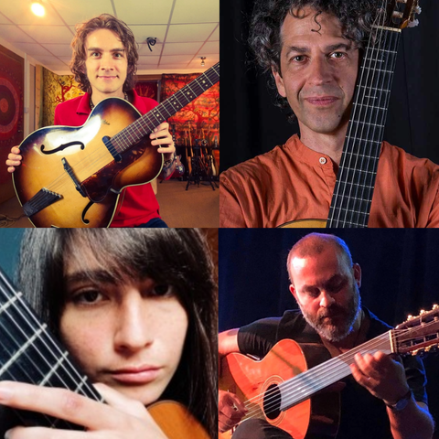 Blocks of four performers, all of which are holding guitars