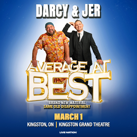 Promotional poster featuring two comedians standing above the title Average at Best with event details for March 1 at Kingston Grand Theatre.