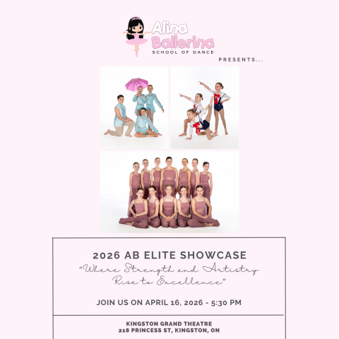 Dance showcase poster featuring group photos of students and event details for the 2026 AB Elite Showcase.