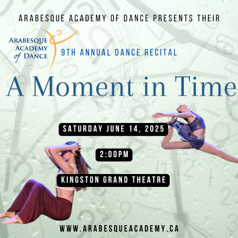 Two dancers on a light green background, the text A Moment in Time across the centre