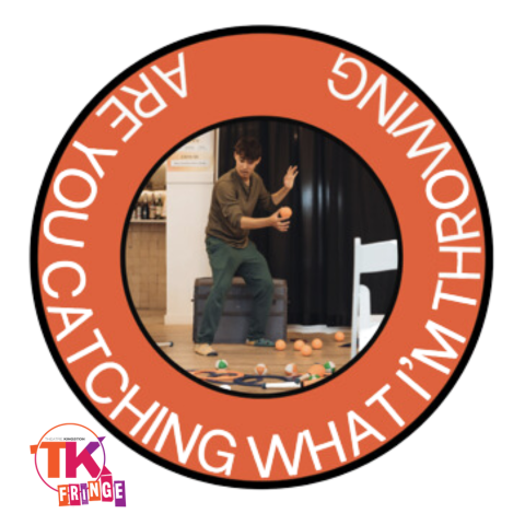 Graphic in center with orange ring around stating show title
