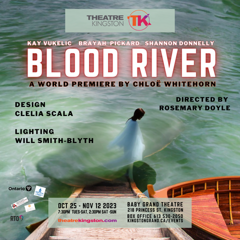 a washed over lady wading into a river as blood swirls around her feet