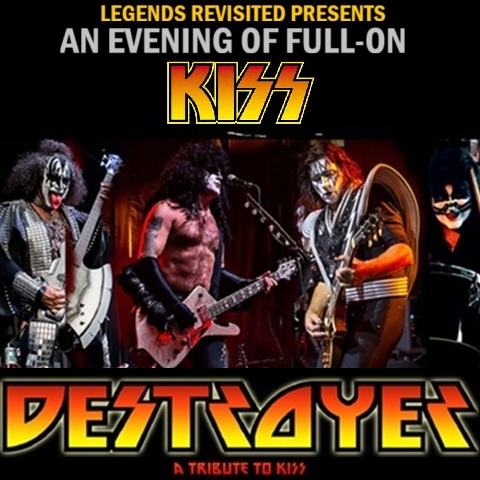 Poster for a KISS tribute show titled “Legends Revisited Presents: An Evening of Full-On KISS.” Features four performers in KISS-style costumes playing instruments. Bold text reads “DESTROYER – A Tribute to KISS,” with event date “Friday, September 11” and venue logo for The Spire Arts & Community Hub.
