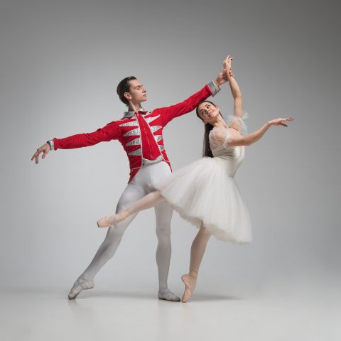 Ballerina and Nutcracker in the ballroom
