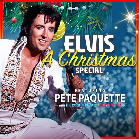 Pete Paquette as Elvis with Christmas decor behind him