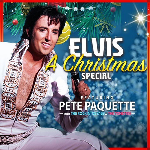 Promotional poster for Elvis: A Christmas Special featuring an Elvis tribute performer, holiday decorations, Christmas song highlights, and event details: Friday, December 11 at 7 PM.