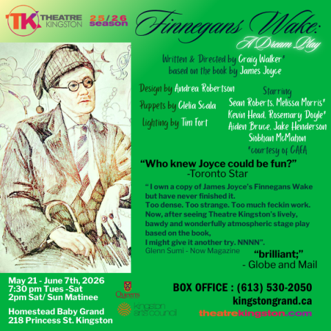 Poster for Theatre Kingston’s production of Finnegans Wake: A Dream Play, featuring an illustrated figure in period clothing on the left and show details on a green background to the right.