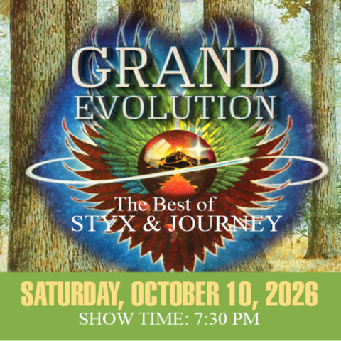 Poster for “Grand Evolution: The Best of Styx & Journey” with a winged globe graphic and event date October 10, 2026.