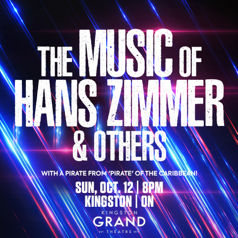Bright blue and black streaked background with white text stating The Music of Hans Zimmer and Others