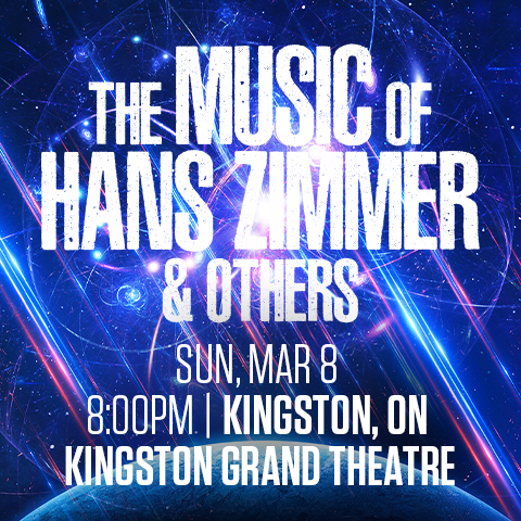 Bright blue and black streaked background with white text stating The Music of Hans Zimmer and Others