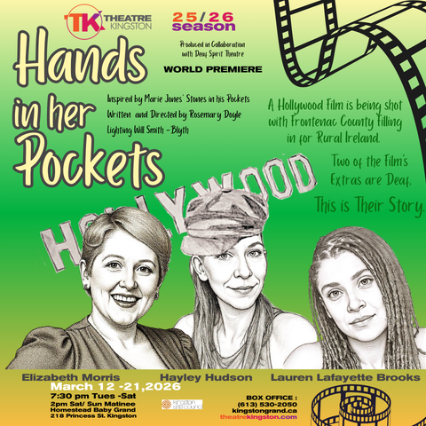 Promotional poster for Hands in Her Pockets, a world‑premiere theatre production, featuring a green and yellow background with a winding film strip, Hollywood imagery, cast names, and performance dates for the 25/26 season at Theatre Kingston.