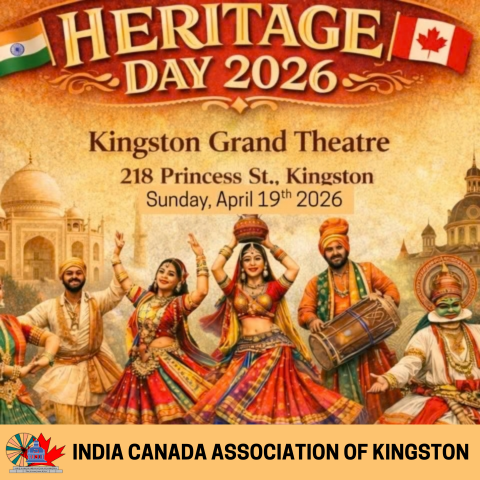 Promotional poster for Heritage Day 2026 featuring vibrant traditional Indian dancers, cultural imagery, and event details for Kingston Grand Theatre, presented by India Canada Association of Kingston.