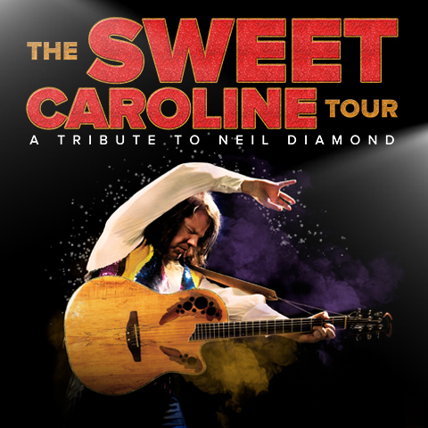 Promotional poster for The Sweet Caroline Tour, featuring a performer with an acoustic guitar against a dark background.