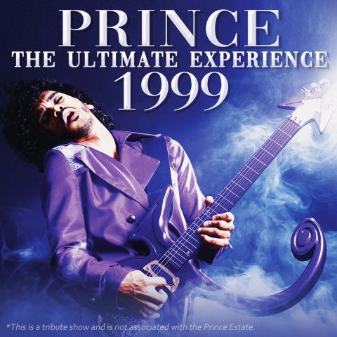 Square poster for Prince: The Ultimate Experience 1999, featuring a performer in a purple suit playing a distinctive guitar amid blue lighting and stage smoke.