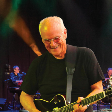 Person playing an electric guitar on stage with band members and colorful stage lights in the background.