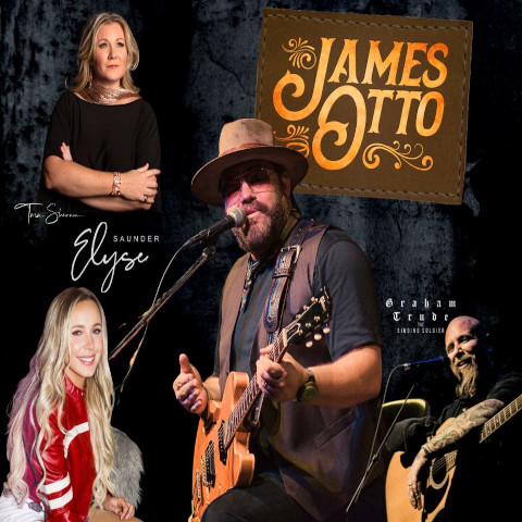 A promotional collage featuring musicians, including a central guitarist performing on stage, surrounded by smaller images of other performers and stylized text such as “James Otto,” “Elyse Saunder,” and “Graham Trude.”