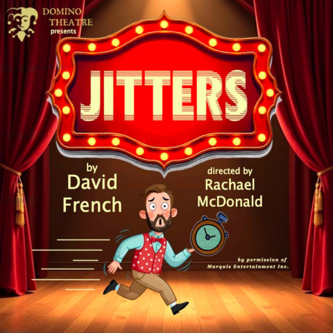 Poster for “Jitters” featuring a lit theatre marquee, stage curtains, and a cartoon figure running with a stopwatch, with dates and venue details.