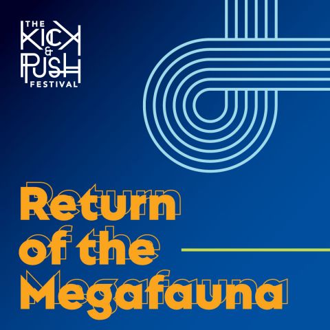 dark blue background with orange text Return of the Megafauna