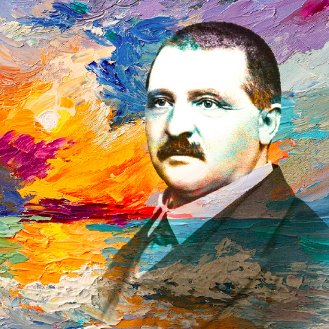 black and white photo of a man in front of a water colour of a sunset
