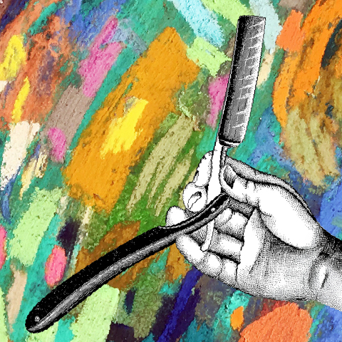 old fashion barber shave blade in front of a bold water colour