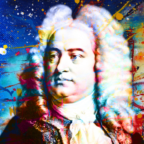 Composer Handel (wigged white man) in black and white over a blue background