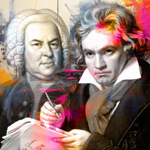 two composers in black and white with a colourful background