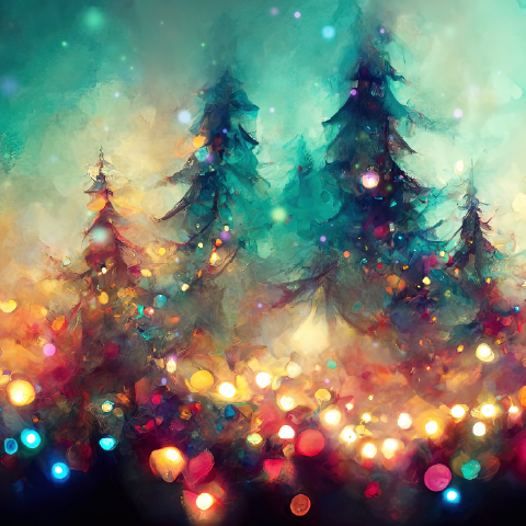 muted colours, lights in pine trees in the woods