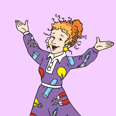 A sketch of a woman smiling with her arms in the air