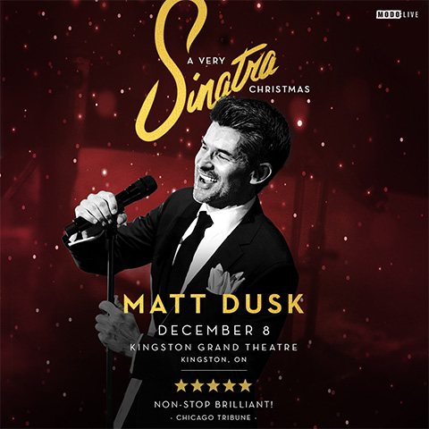 Holiday concert poster with a performer holding a microphone against a red, snow‑like background, gold script reading ‘A Very Sinatra Christmas'.
