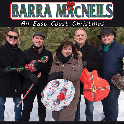 Barra MacNeils promotional image featuring five performers in winter clothing holding wrapped gifts in a snowy holiday scene.