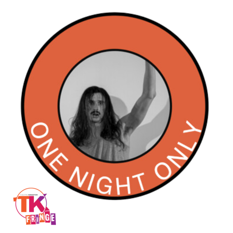 Graphic in center with orange ring around stating show title