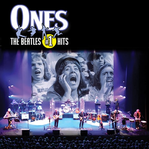 A screaming Beatles Fan photo projected over ONES band members on a lit stage