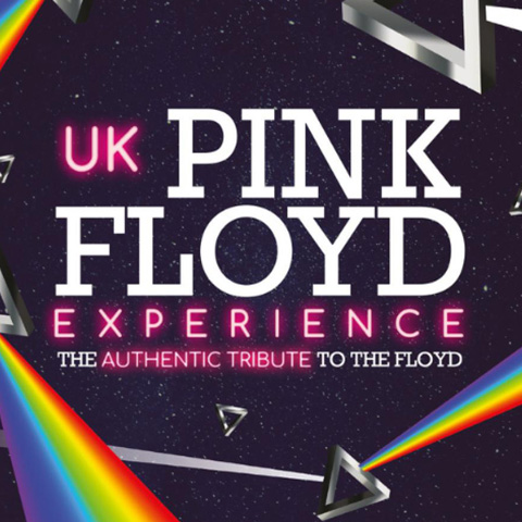 Graphic logo image reading “UK Pink Floyd Experience – The Authentic Tribute to the Floyd” with prism shapes and rainbow light beams on a dark, starry background.