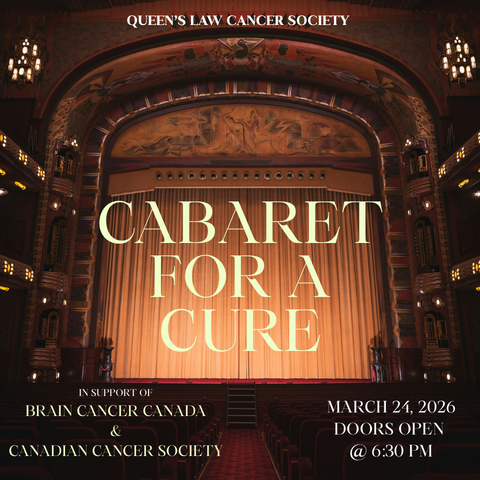 Poster for ‘Cabaret for a Cure’ in an ornate theatre, supporting cancer charities.