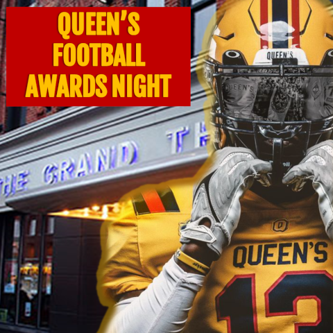 Queen’s football player in full uniform stands in front of Kingston Grand Theatre, with a red banner reading “Queen’s Football Awards Night.”