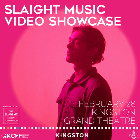 Bright pink promotional poster for the Slaight Music Video Showcase, featuring a silhouetted figure and event details for February 28 at Kingston Grand Theatre.