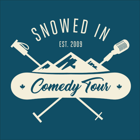 Snowed In Comedy Tour logo with mountains, ski poles, snowboard, and a microphone, text reads ‘Snowed In Comedy Tour Est. 2009.