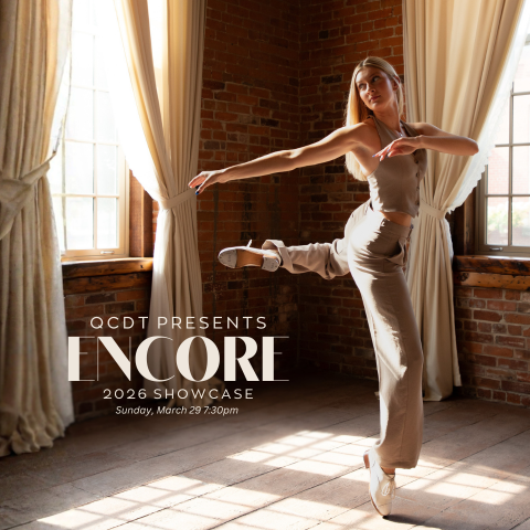 Dancer posing in a sunlit brick studio with text promoting the QCDT Encore 2026 Showcase.