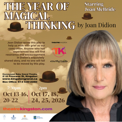 Promotional poster for The Year of Magical Thinking by Joan Didion, featuring a large portrait of the lead performer against a sepia sky with floating bowler hats, performance dates in October 2026, and Kingston theatre venue details.