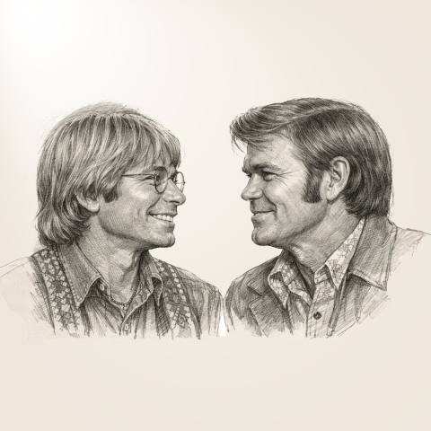 Pencil sketch of two people facing each other in conversation.