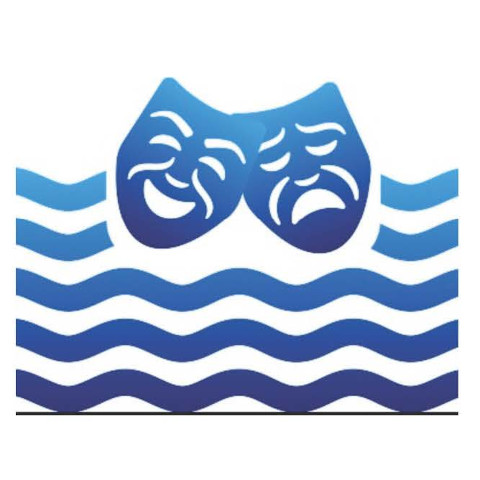 Blue gradient icon of two theatre masks (comedy and tragedy) above stylized ocean waves.