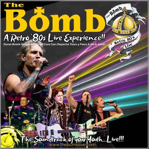 Promotional poster for “The Bomb,” a retro 80s live band, featuring musicians performing under colorful stage lights with text highlighting classic artists like David Bowie and Depeche Mode.